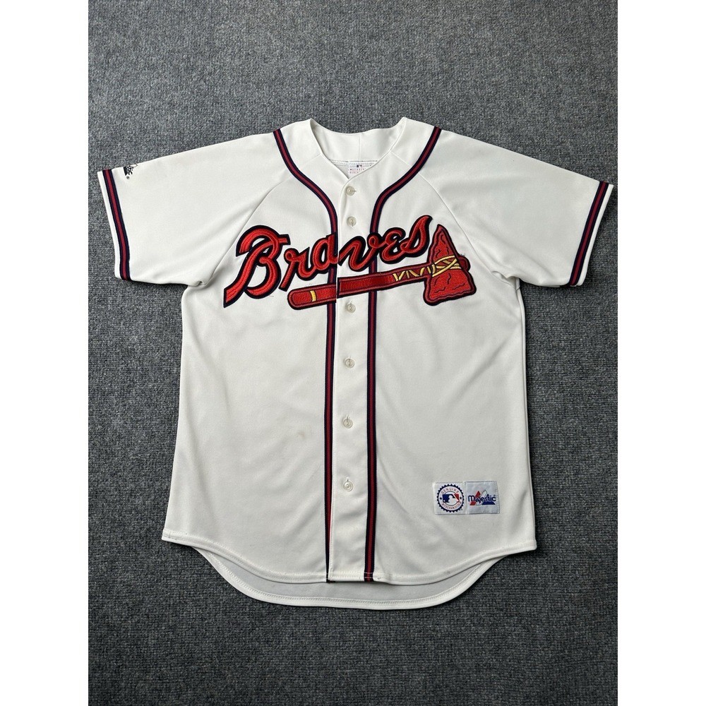 Mens Jersey MLB Majestic Atlanta Braves Signed White Script Sewn , Size M